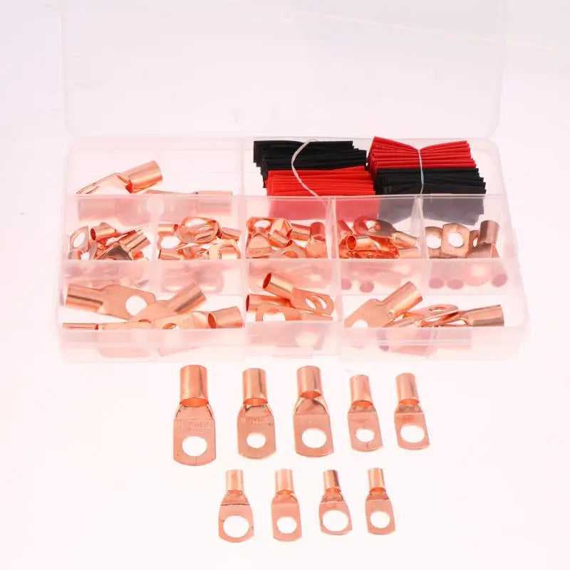 Close-up of copper AWG 4 6 8 10 12 ring lug connectors with shrink tubing for battery cables