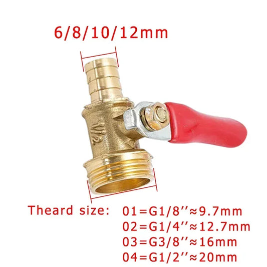 Ball valve showing 6-12mm hose barb and male thread connectors for copper pipe fitting adapter