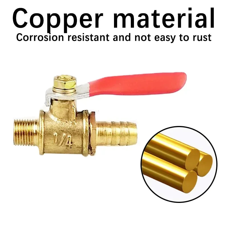 Structure of ball valve with hose barb and male thread connectors, compatible with 1/8'', 1/4'', 1/2'' copper pipe fittings