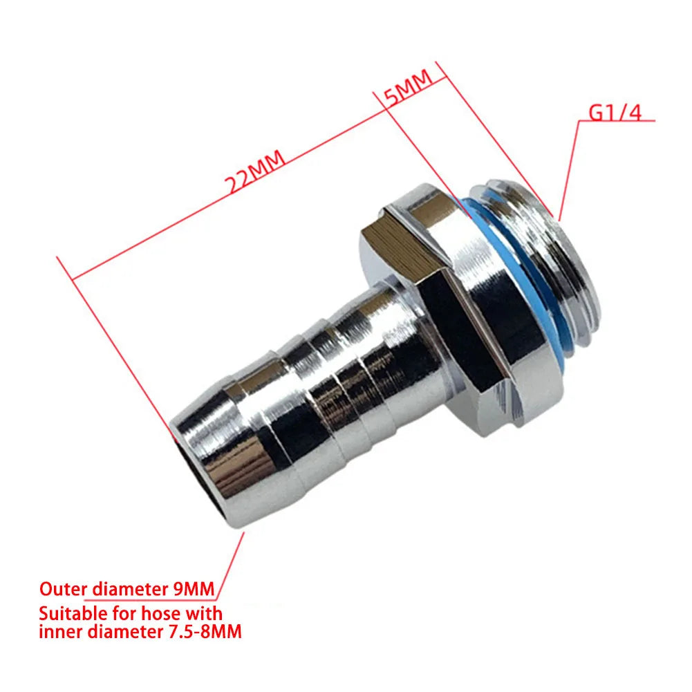 Close-up of water cooling barb fitting 2-touch G1/4 thread hose pagoda connector with waterproof sealing ring