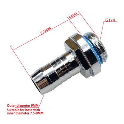 Close-up of water cooling barb fitting 2-touch G1/4 thread hose pagoda connector with waterproof sealing ring