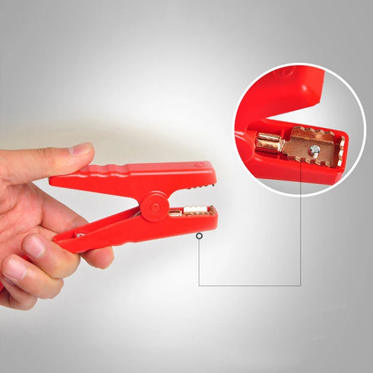 Close-up of 12V battery alligator clamp clip for emergency car jump starter