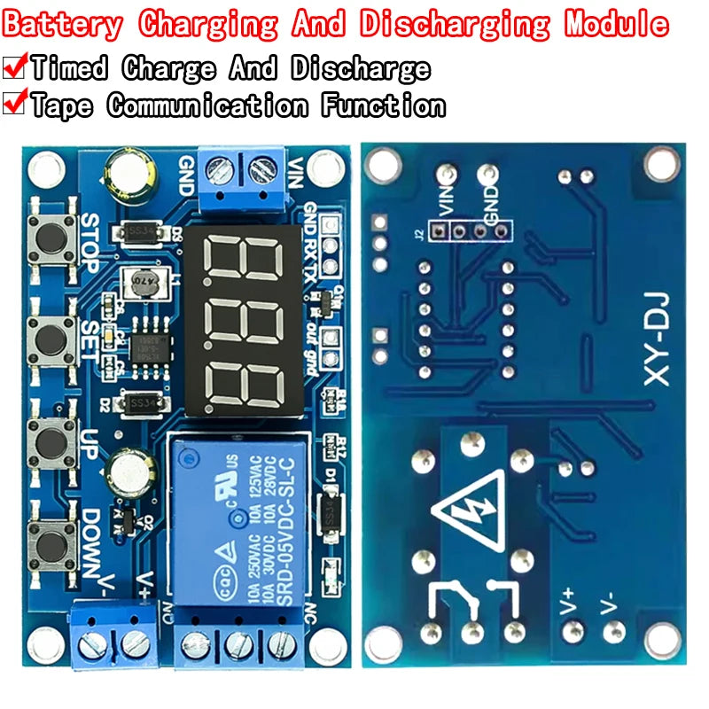 Battery charge/discharge module with integrated voltmeter, undervoltage and overvoltage protection, timing control, and communication interface for electronics projects