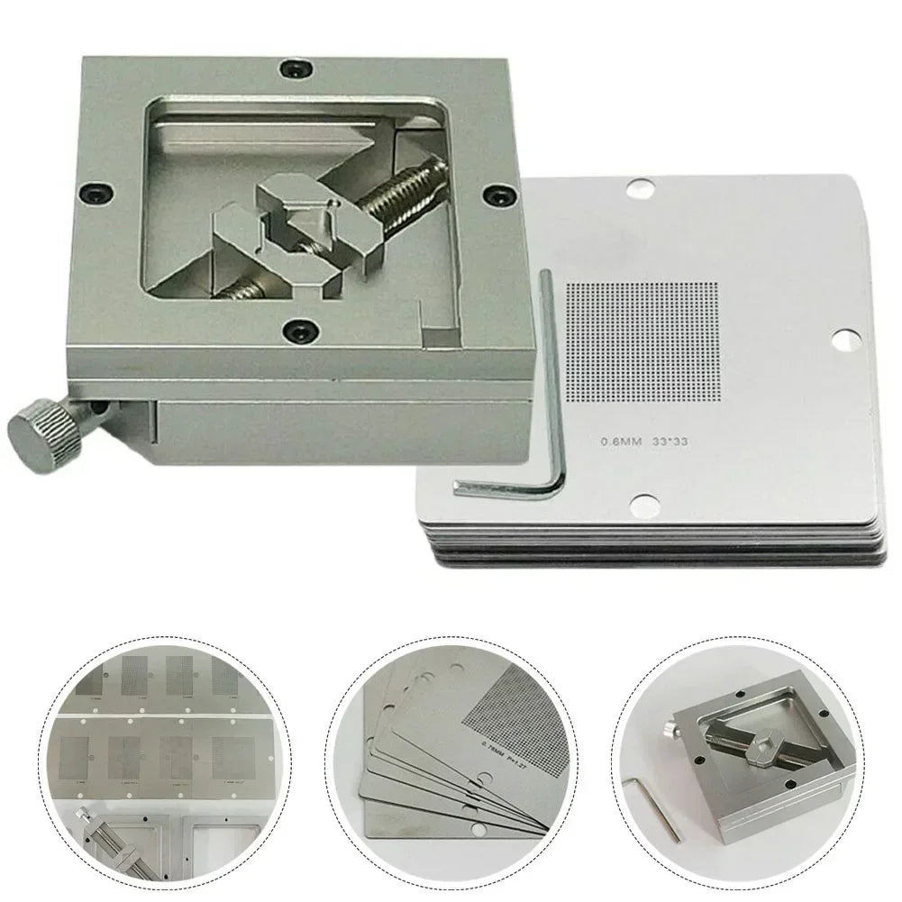 Universal stencil templates and clamp included in BGA reballing kit for 90mm reball station PCB projects