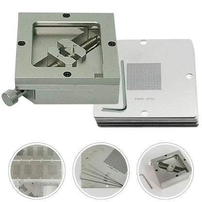 Universal stencil templates and clamp included in BGA reballing kit for 90mm reball station PCB projects