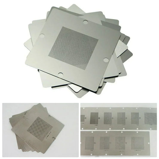 90mm BGA reball station fixture showing universal stencil templates and PCB bracket clamp