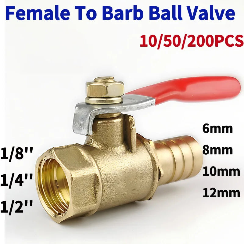 Brass barbed ball valve with female thread, hose barb 6–12mm to 1/8, 1/4, 1/2 inch pipe connector for water, air, gas plumbing system
