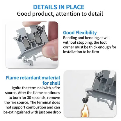 Structure of premium brass UK screw clamp connector for wiring, DIN rail mounted, sizes UK1.5N–50N