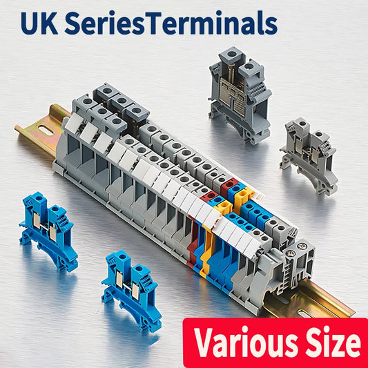 Premium brass UK screw clamp connector for wiring, DIN rail mounted, sizes UK1.5N, 2.5B, 3N, 5N, 6N, 10N, 16N, 25N, 35N, 50N