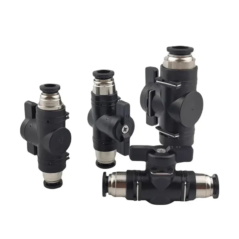 BUC pneumatic ball valve showing straight head design with quick coupling for air hose sizes 4mm, 6mm, 8mm, 10mm, 12mm