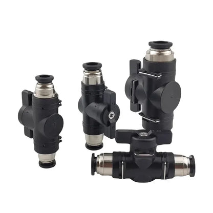 BUC pneumatic ball valve showing straight head design with quick coupling for air hose sizes 4mm, 6mm, 8mm, 10mm, 12mm