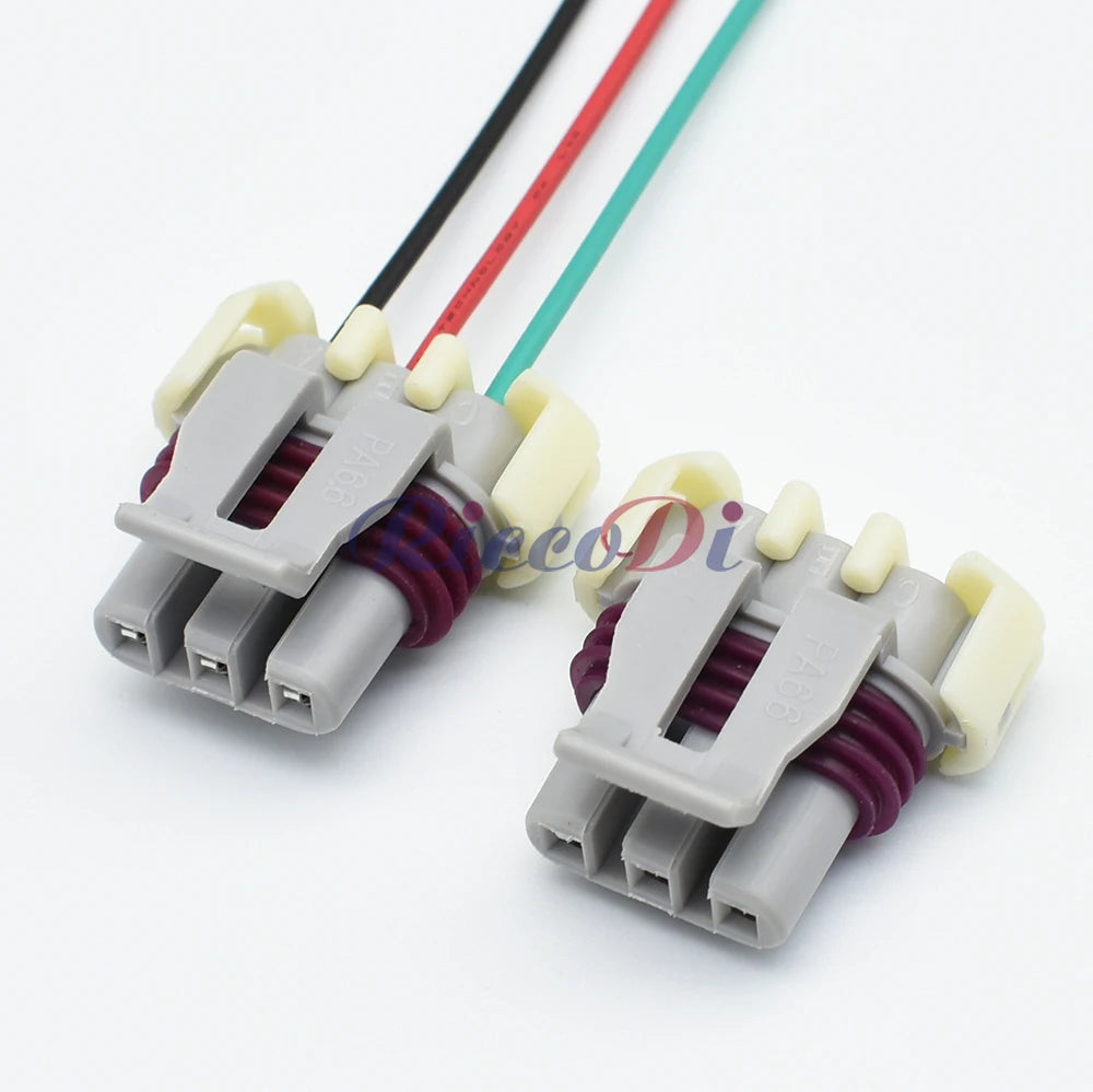 Detailed view of plastic housing and wire harness of 3-Pin female ignition coil connector 121209946 for Buick and Chevrolet