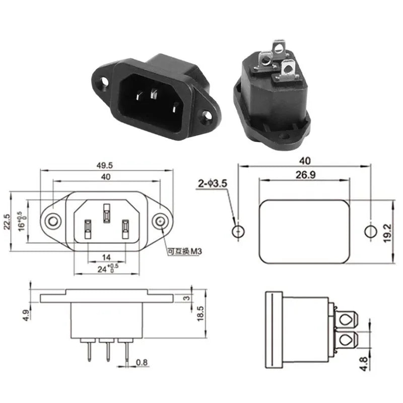 IEC 320 C14 connector showing male plug, female panel mount, 3-pin power socket with screw and clip fixing