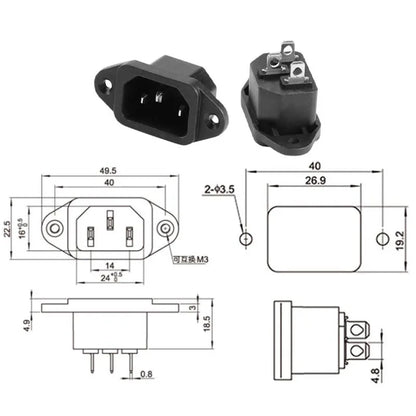 IEC 320 C14 connector showing male plug, female panel mount, 3-pin power socket with screw and clip fixing