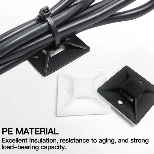 Self-adhesive cable tie mounts showing sticky base for secure wall fixing and wire management