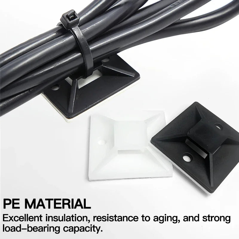 Self-adhesive cable tie mounts showing sticky base for secure wall fixing and wire management
