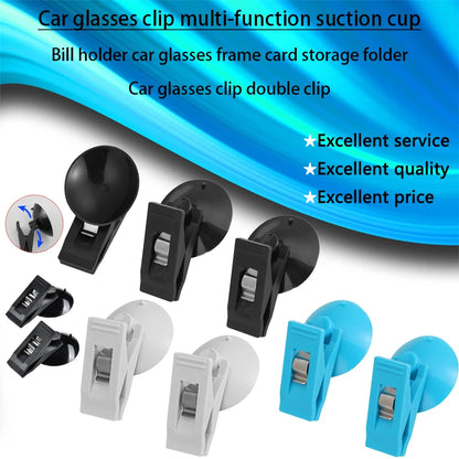 Multifunctional car glasses and card clip with suction holder, double clip design for storing sunglasses, cards, and small items in vehicles