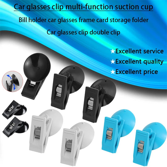 Multifunctional car glasses and card clip with suction holder, double clip design for storing sunglasses, cards, and small items in vehicles