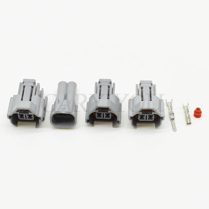 detailed view of 2 pin male female automotive fuel injector connector for secure engine wiring installation