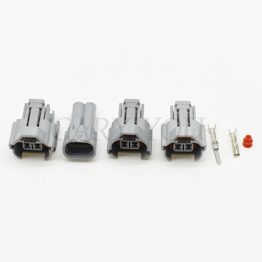 detailed view of 2 pin male female automotive fuel injector connector for secure engine wiring installation