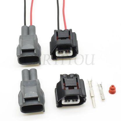 Close-up of 2 pin male female temperature sensor connector for automotive applications