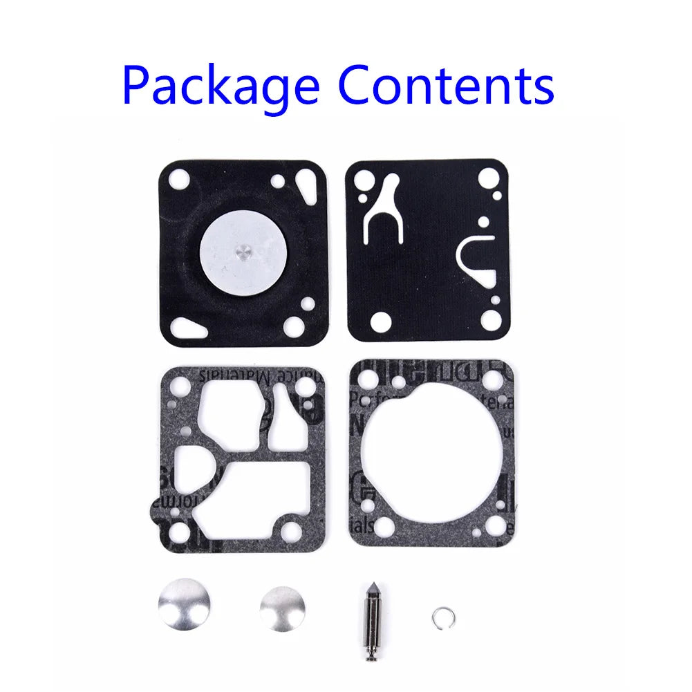 Components of chainsaw carburetor repair kit for McCulloch Mac 140, 130, 120, 110