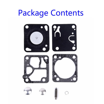 Components of chainsaw carburetor repair kit for McCulloch Mac 140, 130, 120, 110