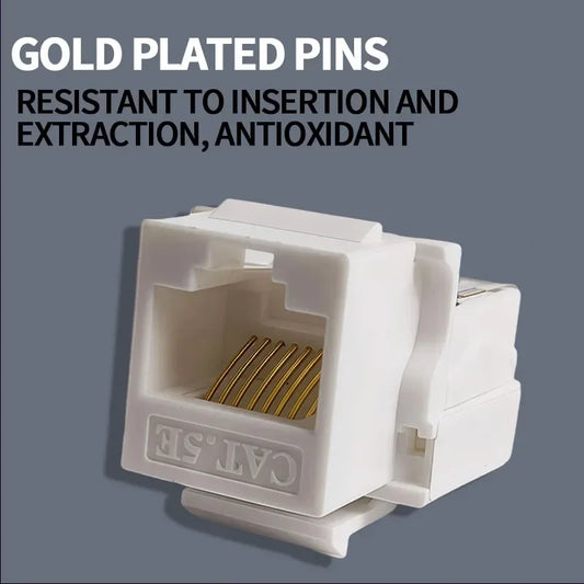 Close-up of CAT5E/CAT6/CAT6A RJ45 keystone jack with tool-free design for easy installation