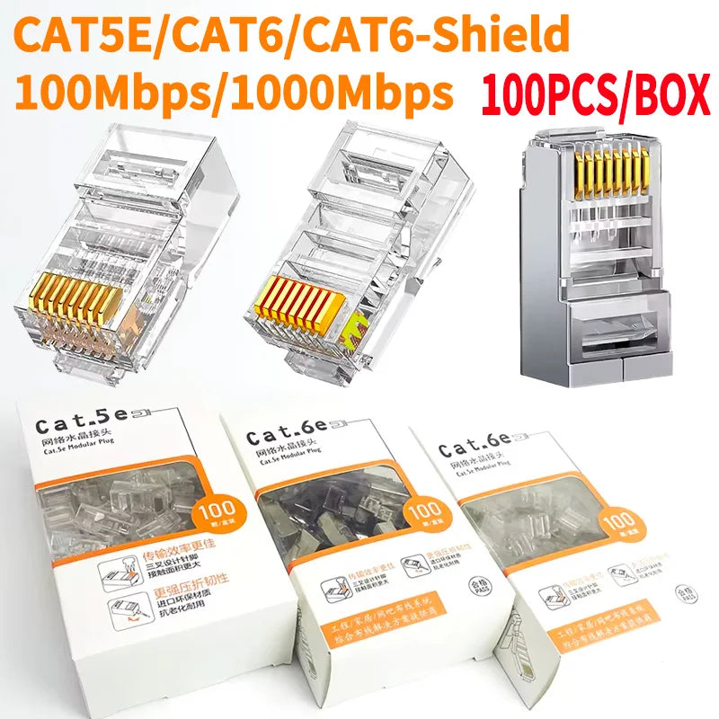 100Pcs bulk Cat5e Cat6 RJ45 connectors gold plated for Gigabit Ethernet 100M 1000Mbps high-speed network cable plug