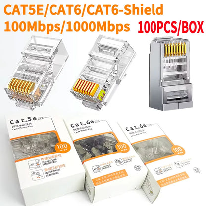100Pcs bulk Cat5e Cat6 RJ45 connectors gold plated for Gigabit Ethernet 100M 1000Mbps high-speed network cable plug