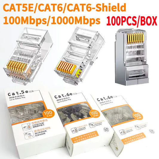 100Pcs bulk Cat5e Cat6 RJ45 connectors gold plated for Gigabit Ethernet 100M 1000Mbps high-speed network cable plug