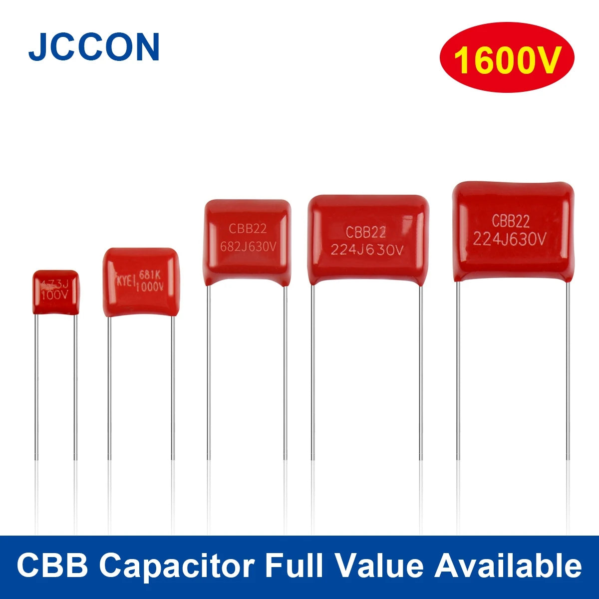CBB polypropylene film capacitors, 1600V, P15/P20/P30, capacitance range 1nF–8.2µF, suitable for high-voltage electronic circuits and DIY projects
