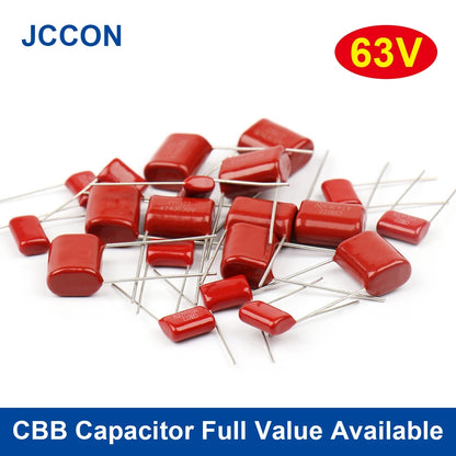 CBB polypropylene film capacitors, 63V, 5MM, capacitance range 100pF–330nF, suitable for electronic circuits, power supplies, and DIY projects
