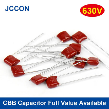 CBB22 polypropylene film capacitors, 630V, 8/10/15/20MM, capacitance range 100pF–330nF, suitable for electronic circuits and DIY projects