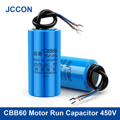 CBB60 motor run and start capacitor 450V AC with capacitance 3µF–100µF, suitable for washing machines, reliable and durable