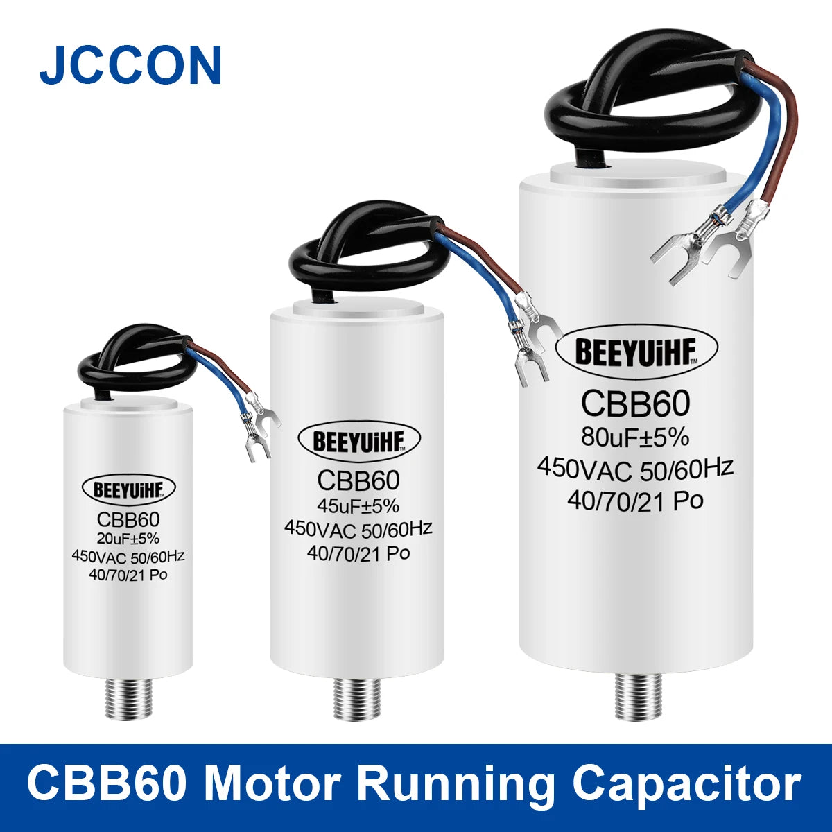 CBB60 motor run capacitor 450V with capacitance 4µF–100µF, suitable for water pumps, air pumps, and washers, comes with mounting screws