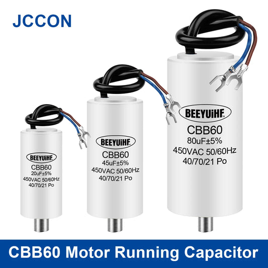 CBB60 motor run capacitor 450V with capacitance 4µF–100µF, suitable for water pumps, air pumps, and washers, comes with mounting screws