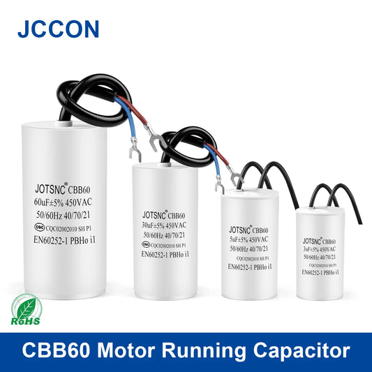 CBB60 motor run and start capacitor, 450V AC, capacitance 3µF–80µF, suitable for water pumps and AC motor applications