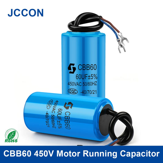 CBB60 motor run and start capacitor, 450V AC, capacitance 3µF–80µF, suitable for water pumps and motor applications