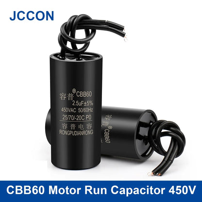 CBB60 motor run and start capacitor 450V AC, capacitance range 1.1–13µF, suitable for water pumps and washing machines