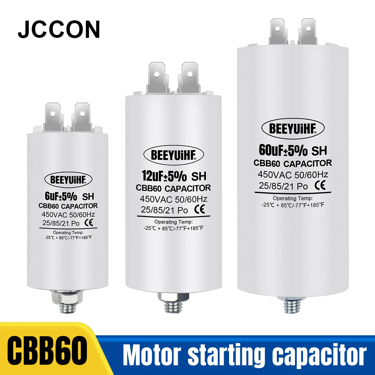 CBB60 motor start capacitor, 6µF–60µF, 450VAC, 50/60Hz, with M8 mounting screw, suitable for electric motors and washing machines