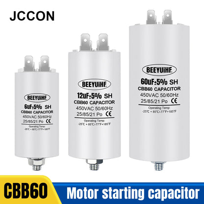 CBB60 motor start capacitor, 6µF–60µF, 450VAC, 50/60Hz, with M8 mounting screw, suitable for electric motors and washing machines