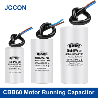 CBB60 motor start capacitor, 3µF–80µF, 450VAC, 50/60Hz, with cable, suitable for electric motors and washing machines