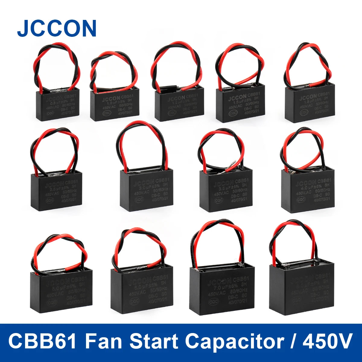 CBB61 fan start capacitor, 1µF–4.5µF, suitable for motor terminals and fan motors, reliable start and run performance