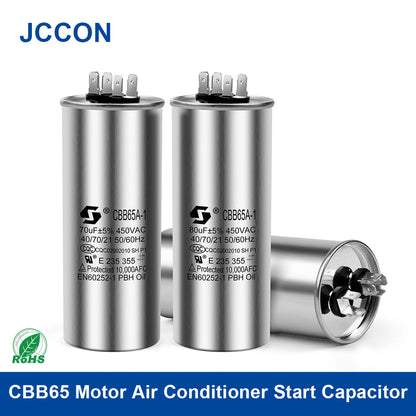 CBB65 motor capacitor for air conditioner compressors, 450V AC, capacitance 5µF–50µF, reliable start and run performance for HVAC systems