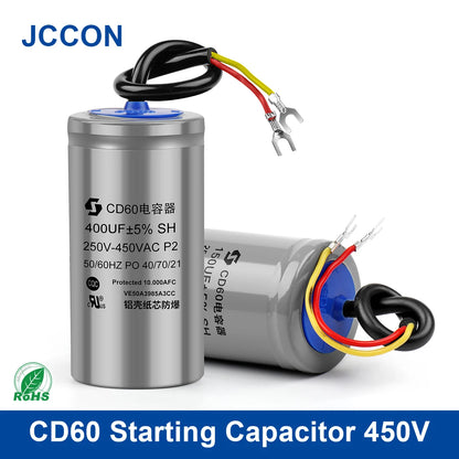 CD60 motor start and run capacitor, 450V, capacitance 50µF–400µF, suitable for electric motors, providing reliable start and run performance