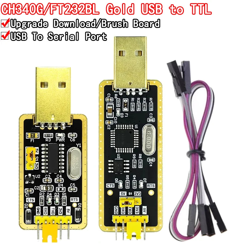 CH340G / FT232RL USB to TTL serial adapter module, supporting 5V and 3.3V logic, compatible with Arduino, microcontrollers, and Windows 10 debugging
