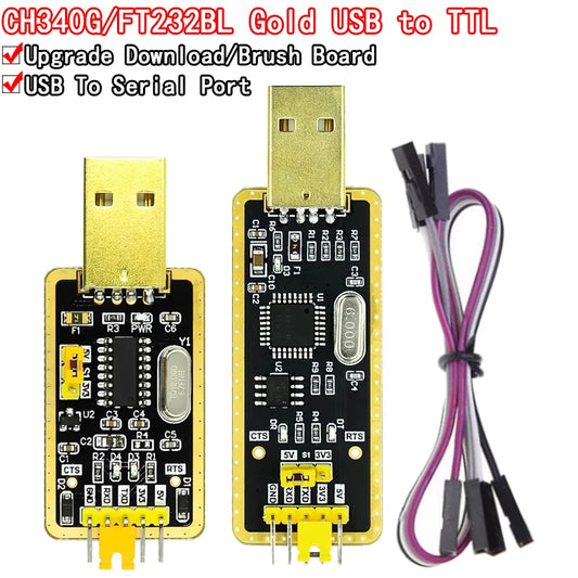 CH340G / FT232RL USB to TTL serial adapter module, supporting 5V and 3.3V logic, compatible with Arduino, microcontrollers, and Windows 10 debugging