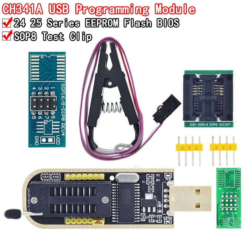 CH341A USB EEPROM Flash BIOS programmer module with SOIC8 SOP8 test clip for 24CXX 25CXX 93CXX chip reading and writing
