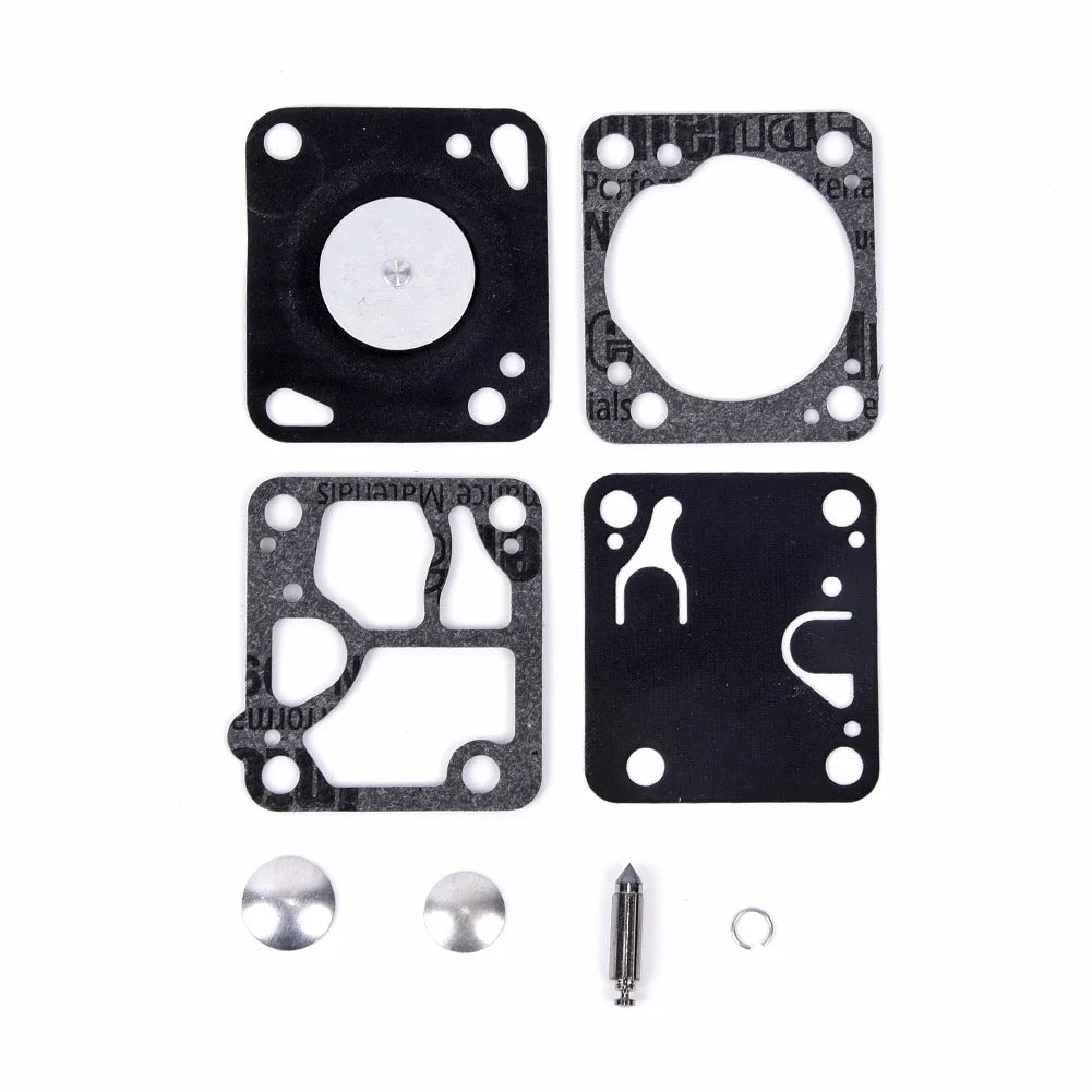 Close-up of McCulloch chainsaw carburetor rebuild and repair kit, compatible with Mac 140, 130, 120, 110